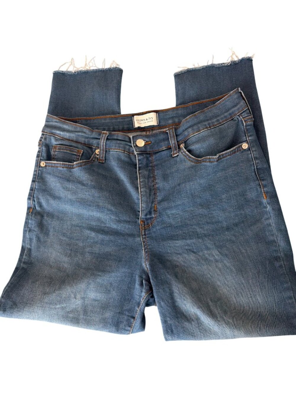 Crown & Ivy High Rise Skinny Crop Jeans Blue Denim Raw Hem Size 12 READ